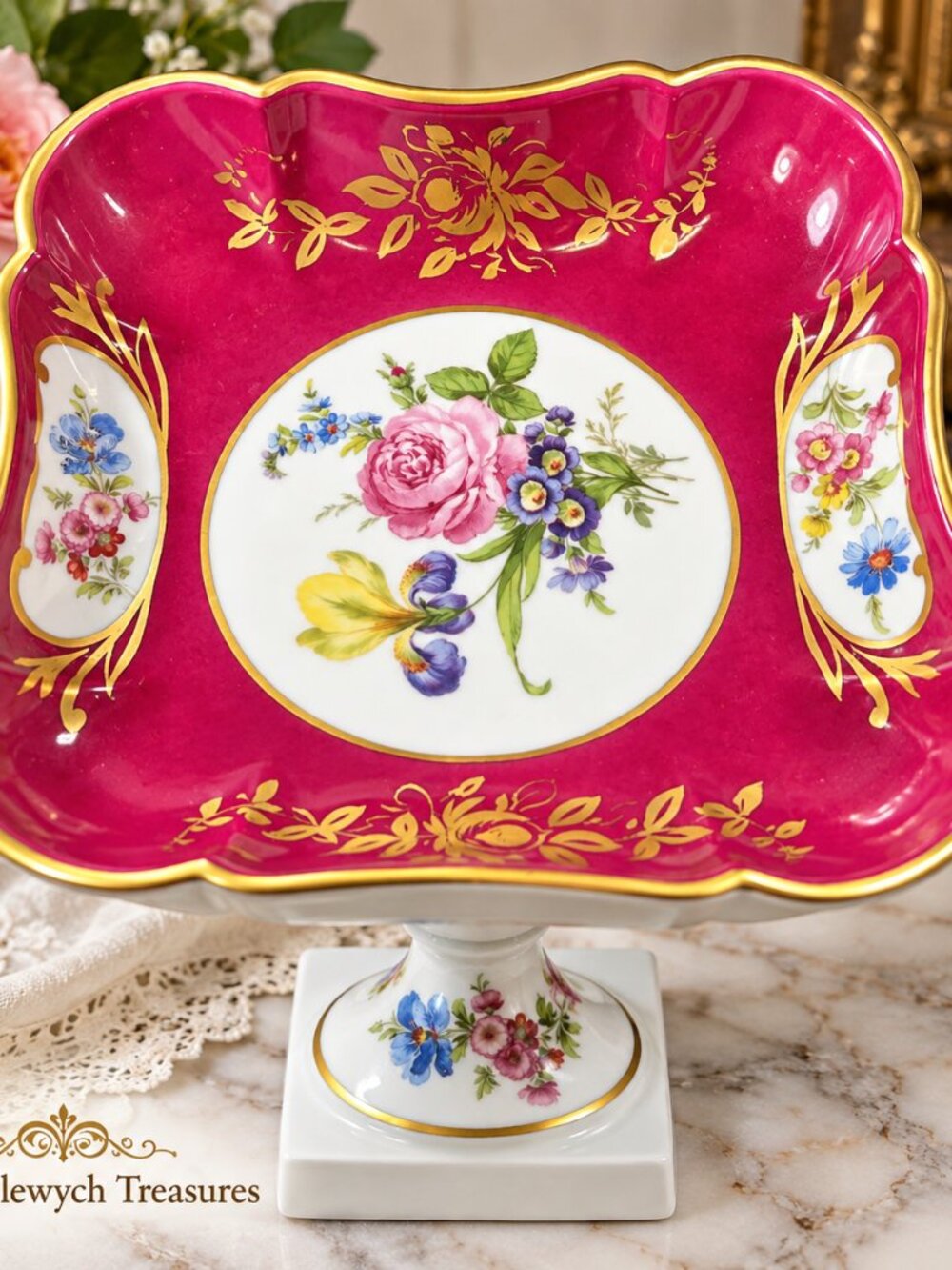 BD-55--Antique Limoges France Porcelain Pedestal Fruit Bowl Compote Pink Floral